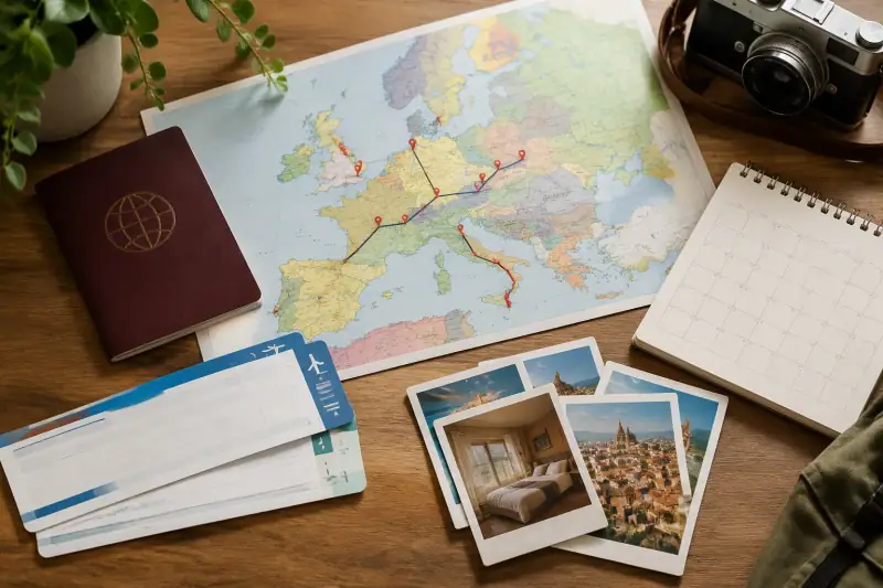 Schengen seyahati için ülkeler, kalış süreleri ve giriş rotasını gösteren planlama masası